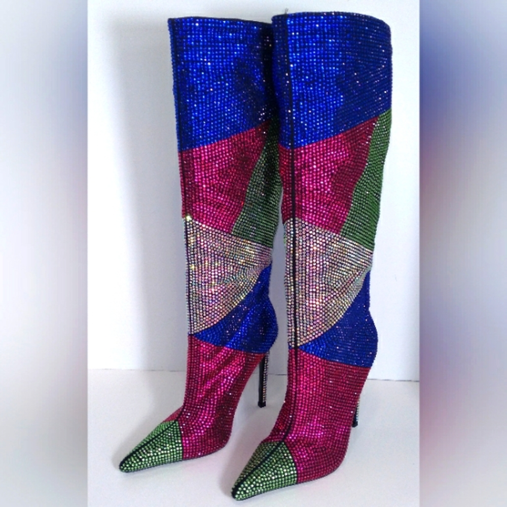 Multi-Color Rhinestone Knee High Heeled Boots-  Size 6